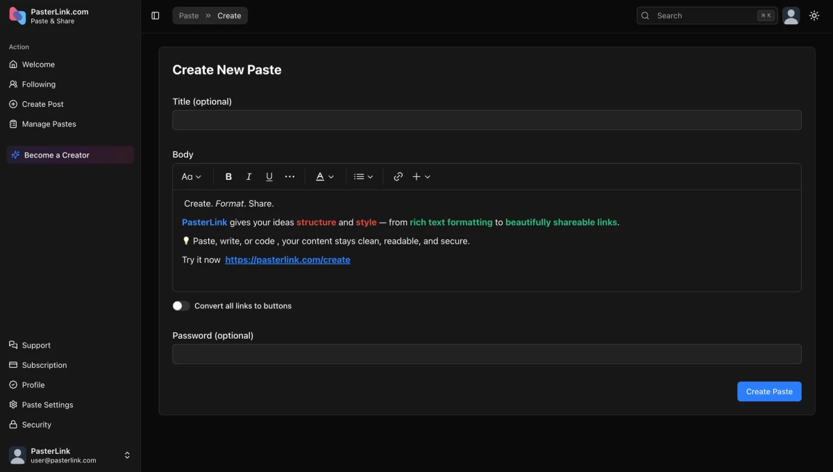 PasterLink Dashboard Preview